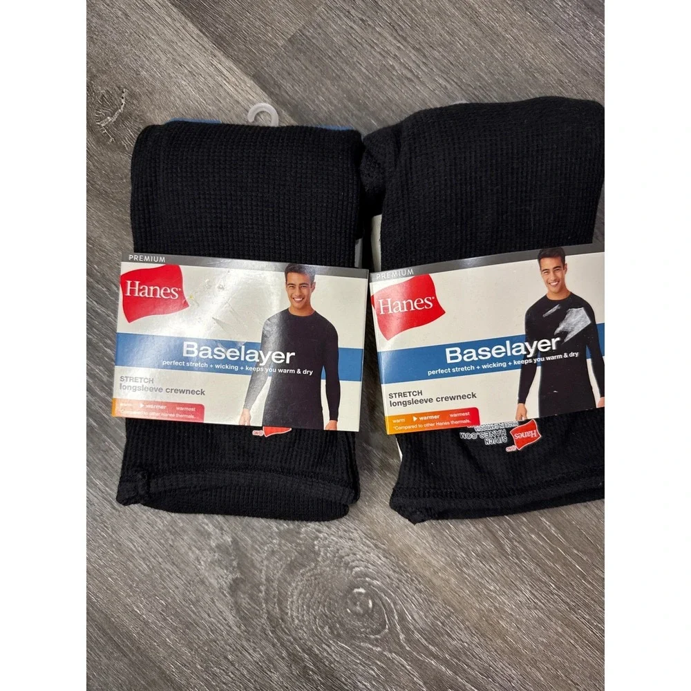 Hanes Premium Mens Baselayer Set of 2‎ Black Waffle Long Sleeve Crewneck small